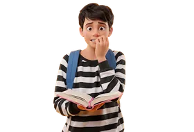 A worried young student biting his nails while holding a book, representing a student struggling with school work.